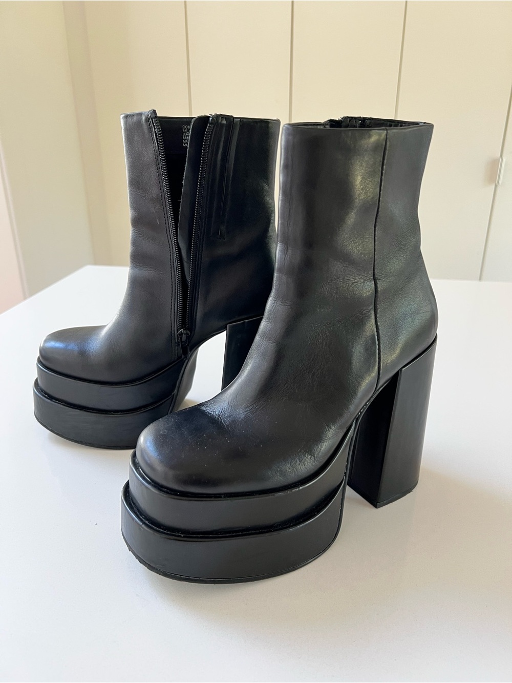 Women's Black Leather Platform Ankle Boots